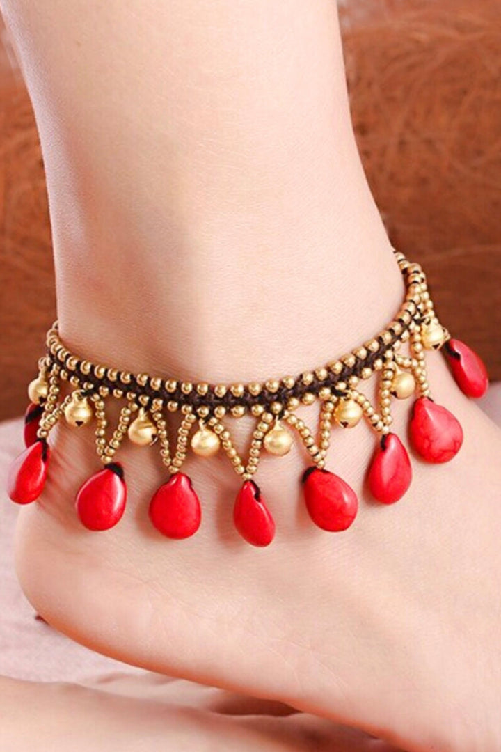 Red Bead Tassel Detailing Gold Chunky Anklet