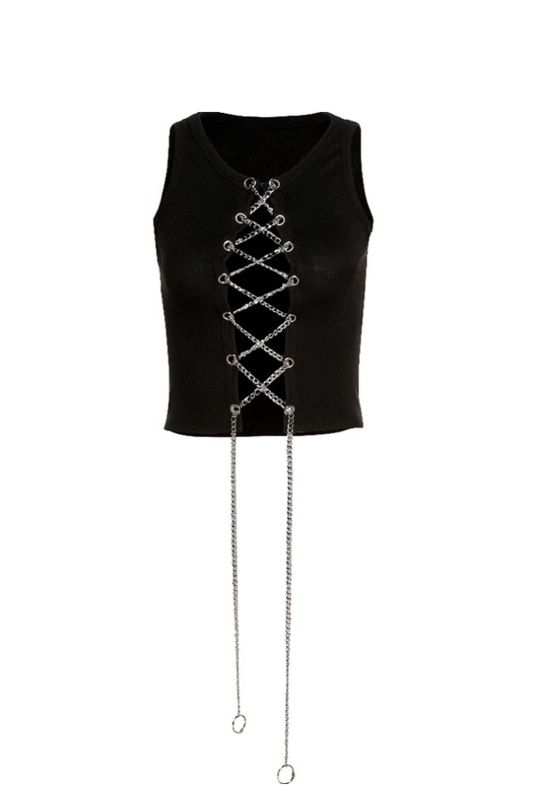 Black Chain Lace Up Sleeveless Crop Top, Ribbed Jersey Material Crop Top, Edgy Streetwear Y2K Top