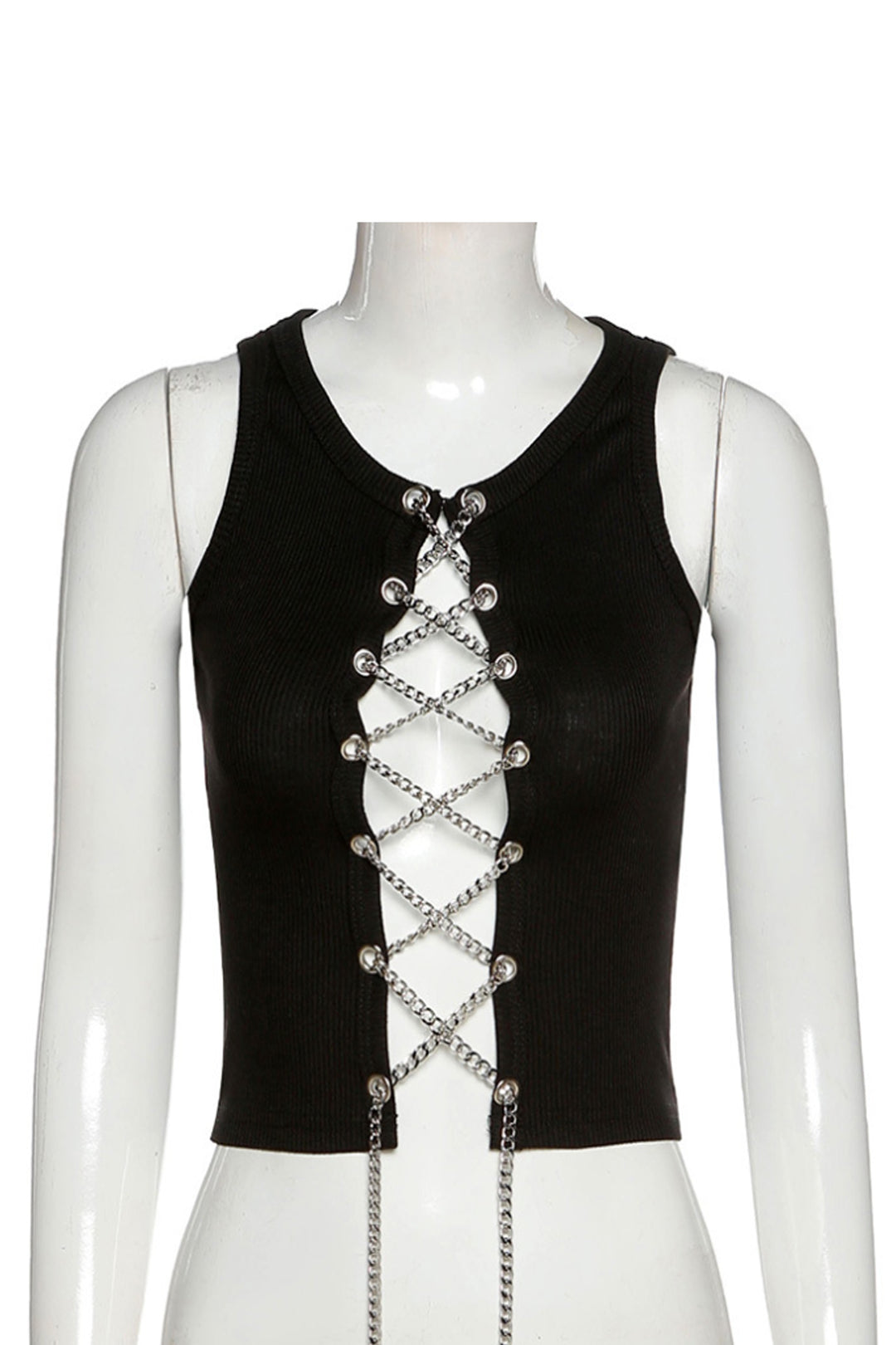 Black Chain Lace Up Sleeveless Crop Top, Ribbed Jersey Material Crop Top, Edgy Streetwear Y2K Top