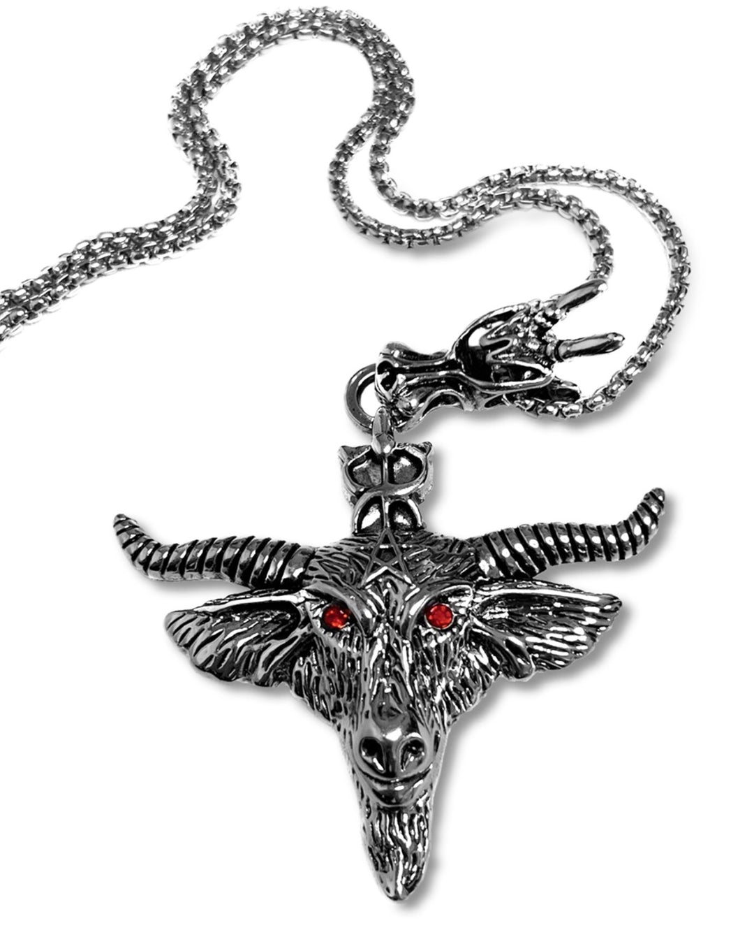 Chunky Silver Antique Capricorn Head Red Rhinestone Detailing Silver Chain Necklace