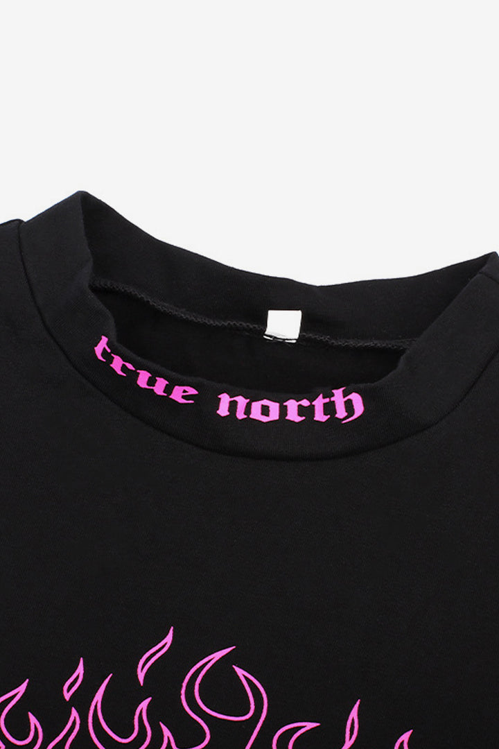 Purple Graphic Turtleneck Long Sleeve Black Crop Top, Graphic Design & Lettering