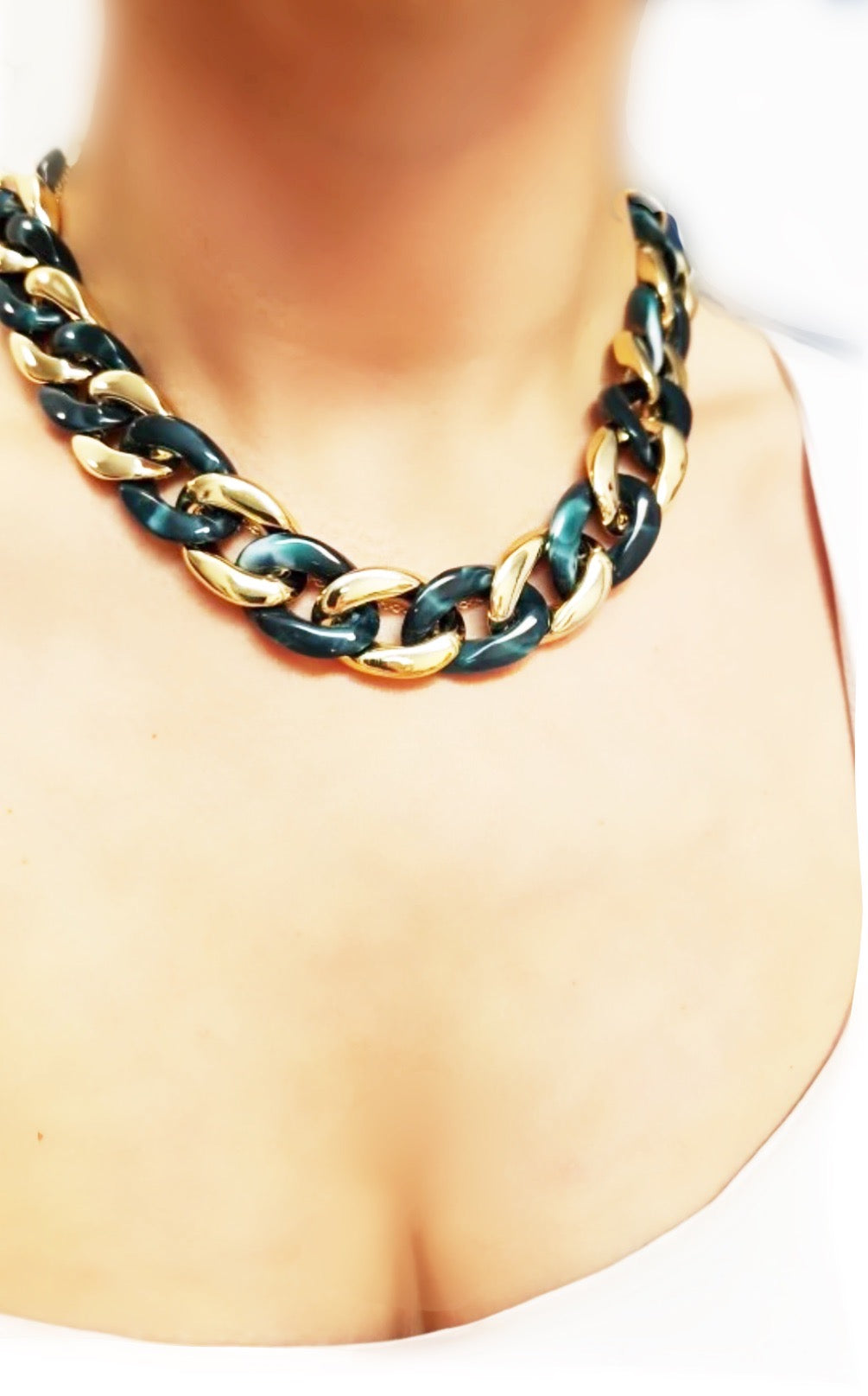 White & Green Large Chunky Acrylic Chain Gold Necklace