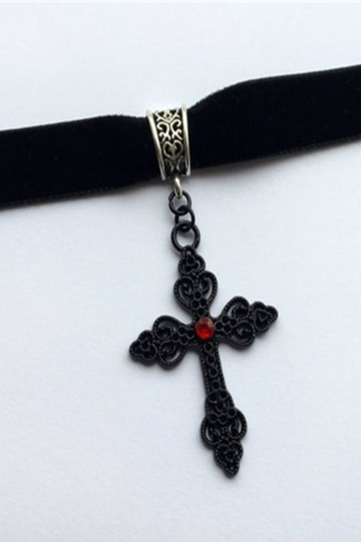 Chunky Black Gothic Cross Choker Necklace