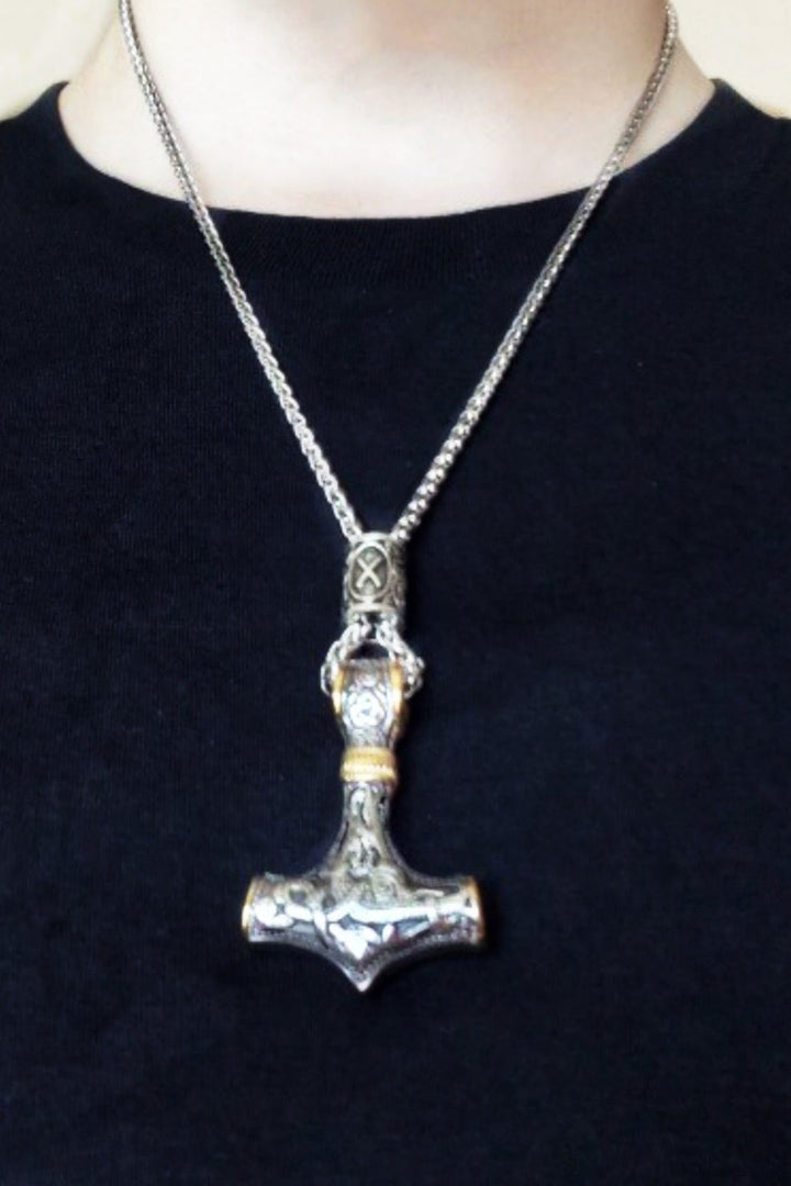 Chunky Silver Antique Hammer Pendant Chain Necklace