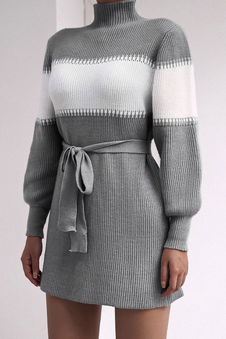 Oversized Tie Front Ribbed Jersey Jumper Two Tone Mini Dress, Long Sleeve Turtleneck Knit Dress