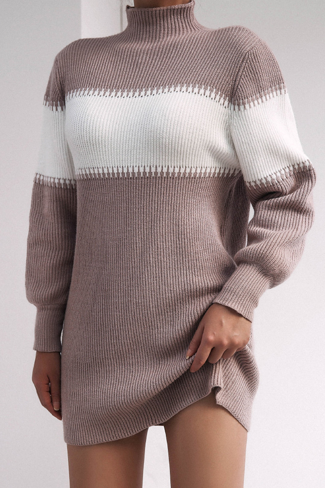 Oversized Tie Front Ribbed Jersey Jumper Two Tone Mini Dress, Long Sleeve Turtleneck Knit Dress