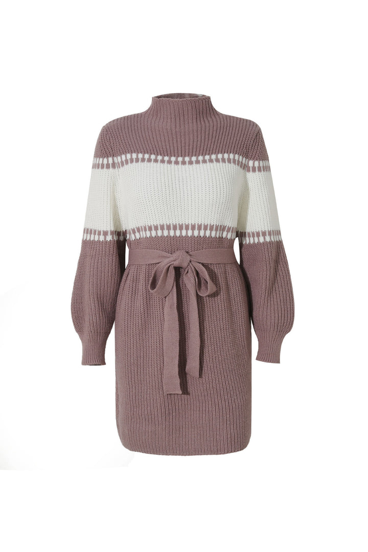 Oversized Tie Front Ribbed Jersey Jumper Two Tone Mini Dress, Long Sleeve Turtleneck Knit Dress