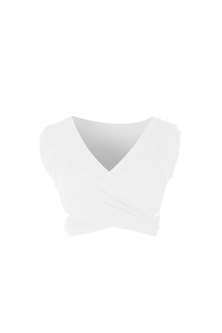 Cross Wrap Front Plunge Crop Top, Short Sleeve Cropped Tee