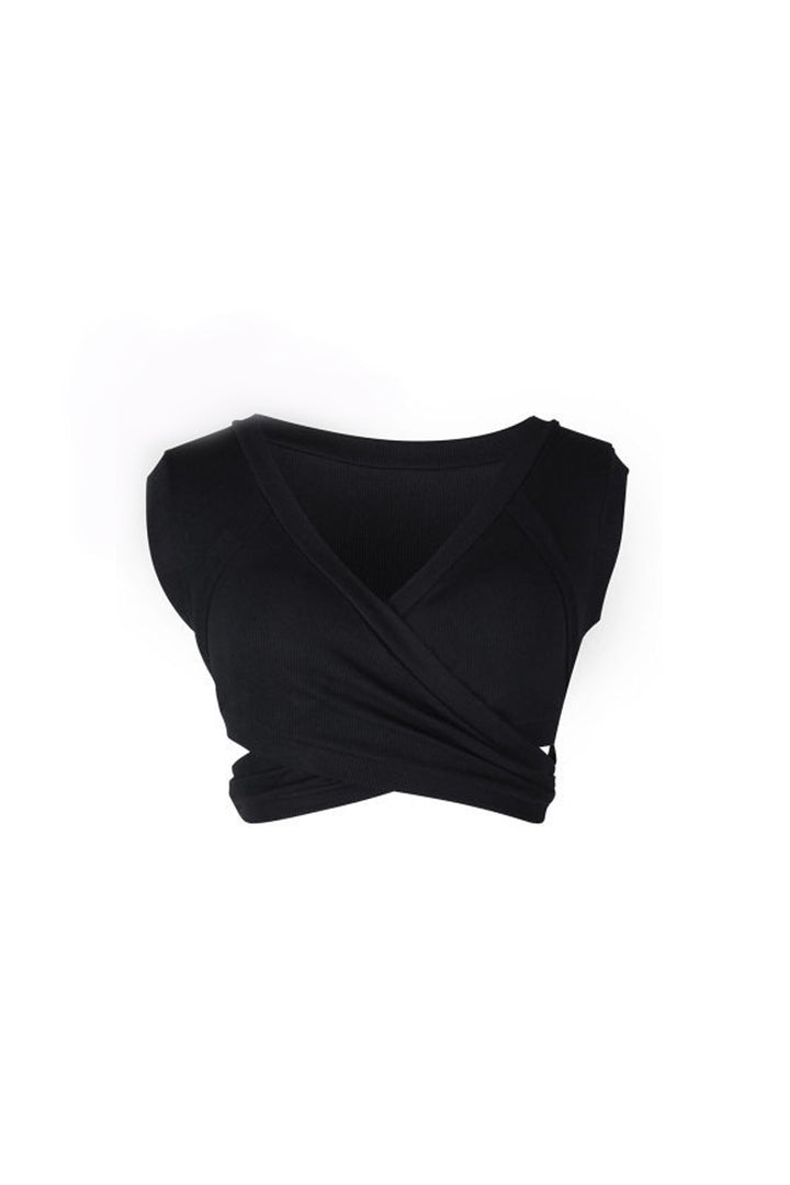 Cross Wrap Front Plunge Crop Top, Short Sleeve Cropped Tee