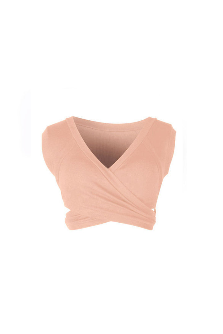 Cross Wrap Front Plunge Crop Top, Short Sleeve Cropped Tee