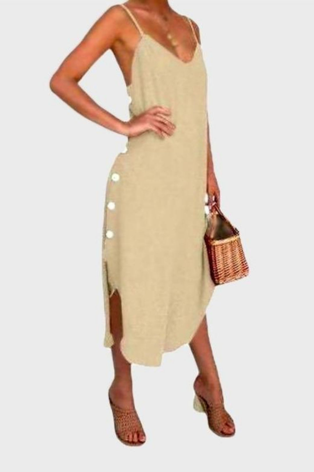 Loose Sleeveless Strappy Beige Button Up Dress - Hayati London