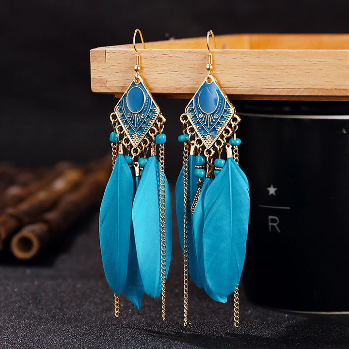 Y2K Bohemian Peacock Earrings, Peacock Feather Beaded Metal Wiring Dangle Long Drop Earrings