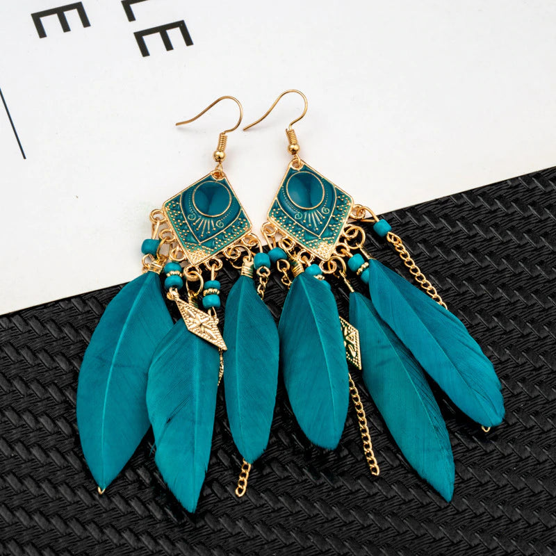 Y2K Bohemian Peacock Earrings, Peacock Feather Beaded Metal Wiring Dangle Long Drop Earrings