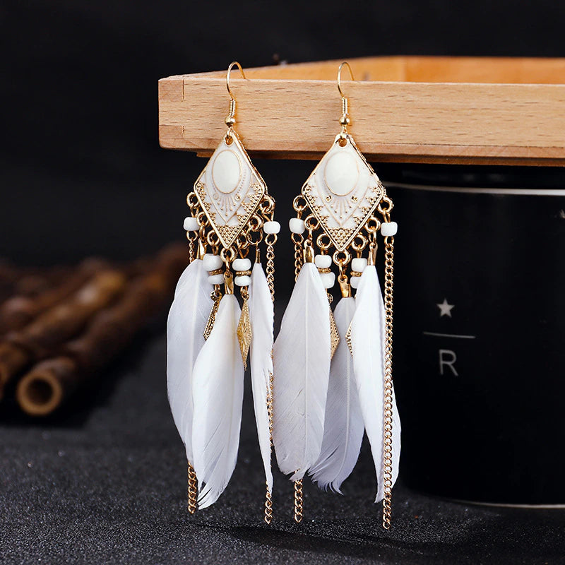 Y2K Bohemian Peacock Earrings, Peacock Feather Beaded Metal Wiring Dangle Long Drop Earrings