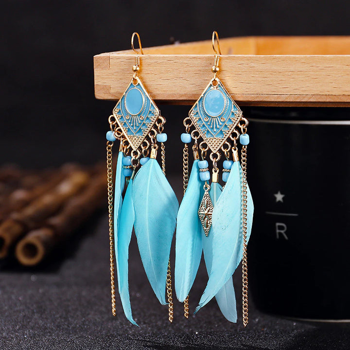 Y2K Bohemian Peacock Earrings, Peacock Feather Beaded Metal Wiring Dangle Long Drop Earrings