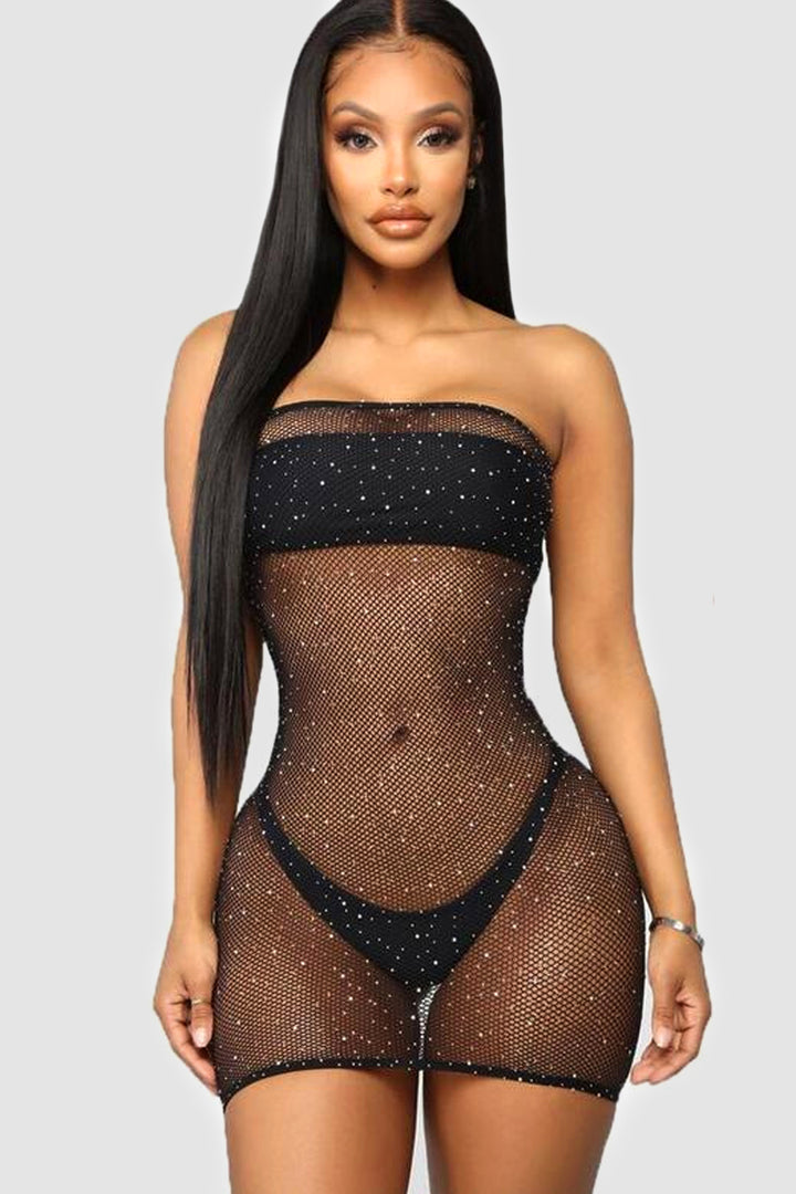 Sleeveless Mesh Rhinestone Crystal Detailing Bodycon Mini Dress, Available in Black & Peach Mesh