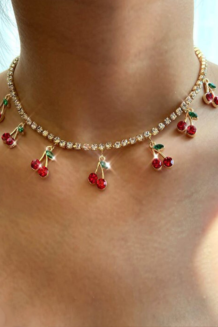 Cherry Charm Pendant Rhinestone Crystal Chain Choker Necklace, Available in Gold & Silver  (48 Hour Dispatch)