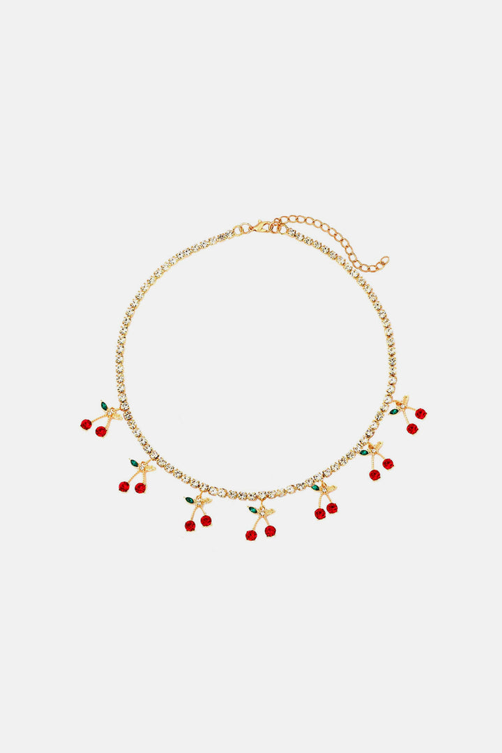 Cherry Charm Pendant Rhinestone Crystal Chain Choker Necklace, Available in Gold & Silver  (48 Hour Dispatch)