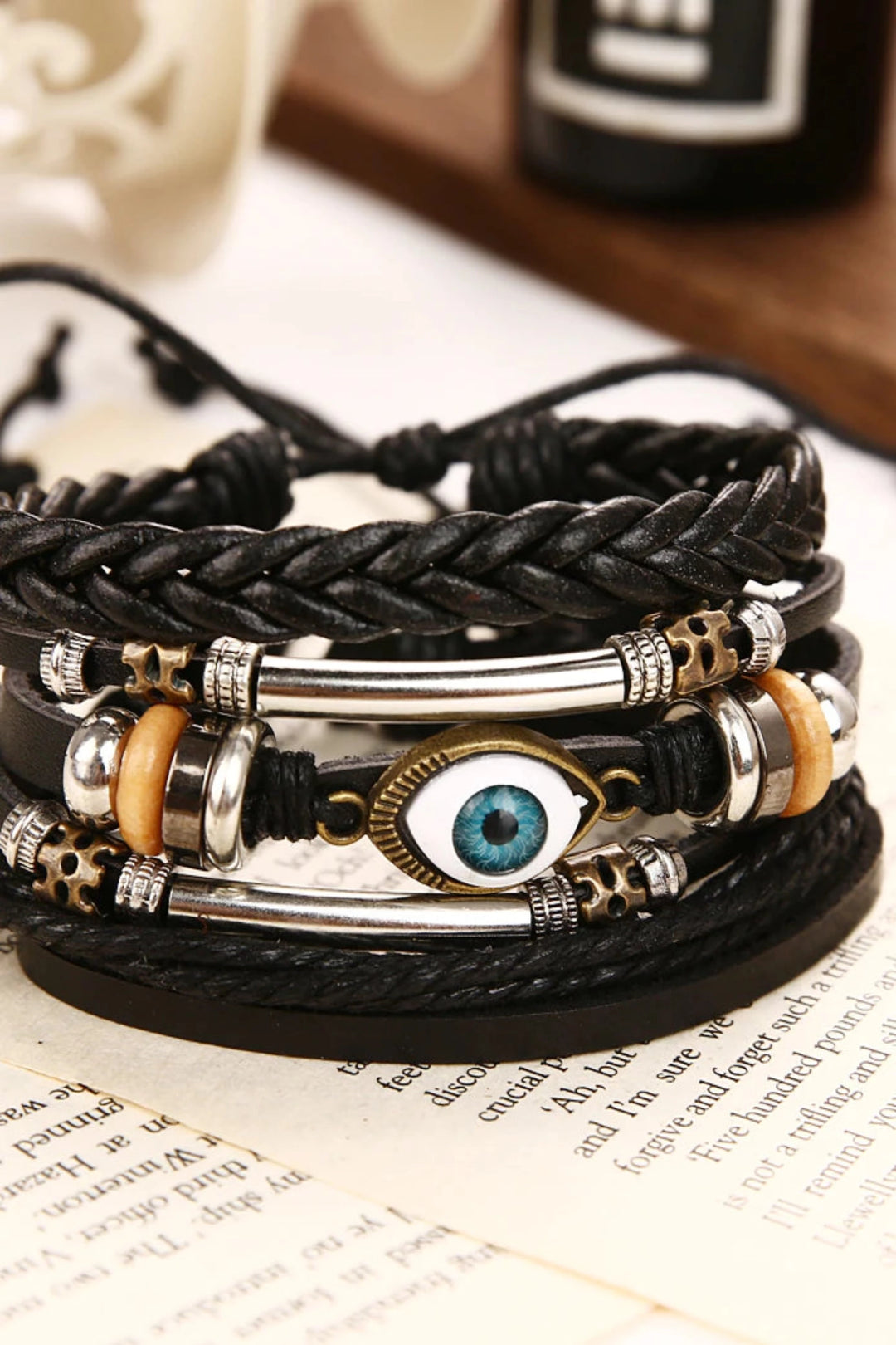 Evil Eye Pendant Triple Layered Brown Faux Leather Plaited Bracelet, Woven Faux Leather Men's Bracelet