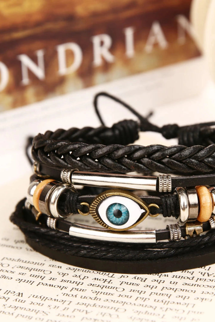 Evil Eye Pendant Triple Layered Brown Faux Leather Plaited Bracelet, Woven Faux Leather Men's Bracelet