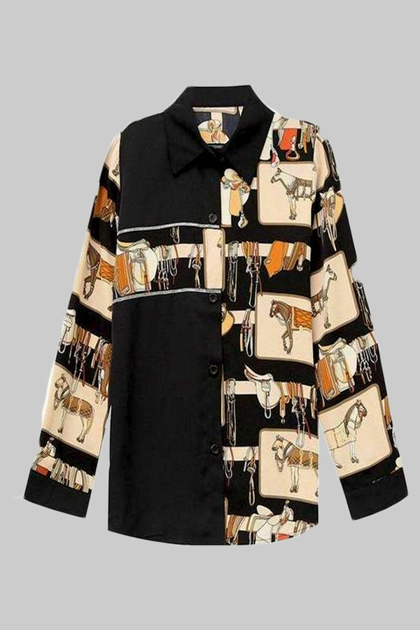 Pretty Peach Horses Graphic Long Sleeve Diamond Studded Blouse - Hayati London