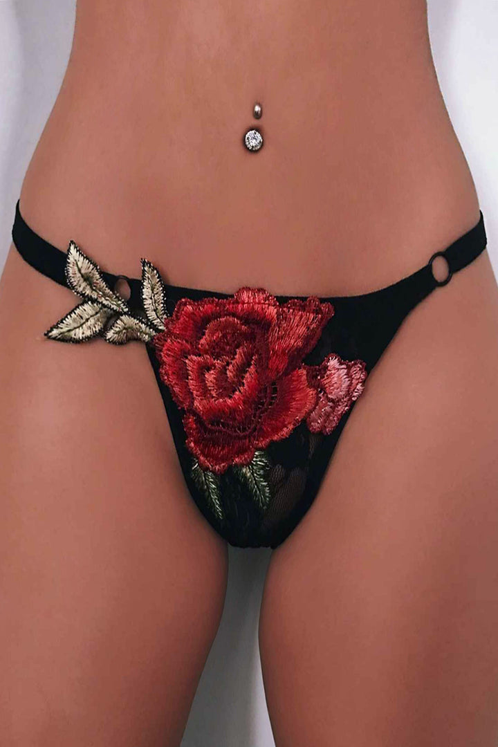 Dainty Floral Embellishment Design Thong Lingerie, Available in Black & White