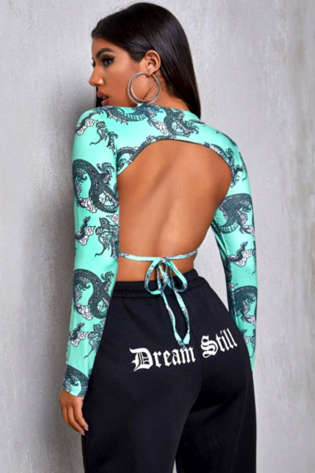 Crop Top, Stunning Dragon Print Stretch fitted Top with back tie - Hayati London