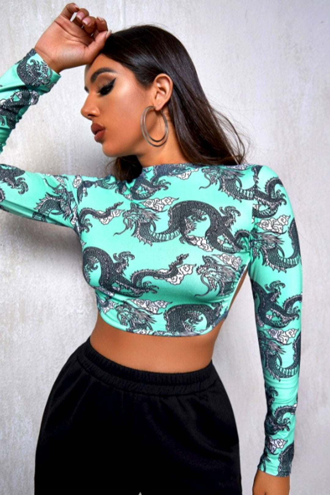 Crop Top, Stunning Dragon Print Stretch fitted Top with back tie - Hayati London