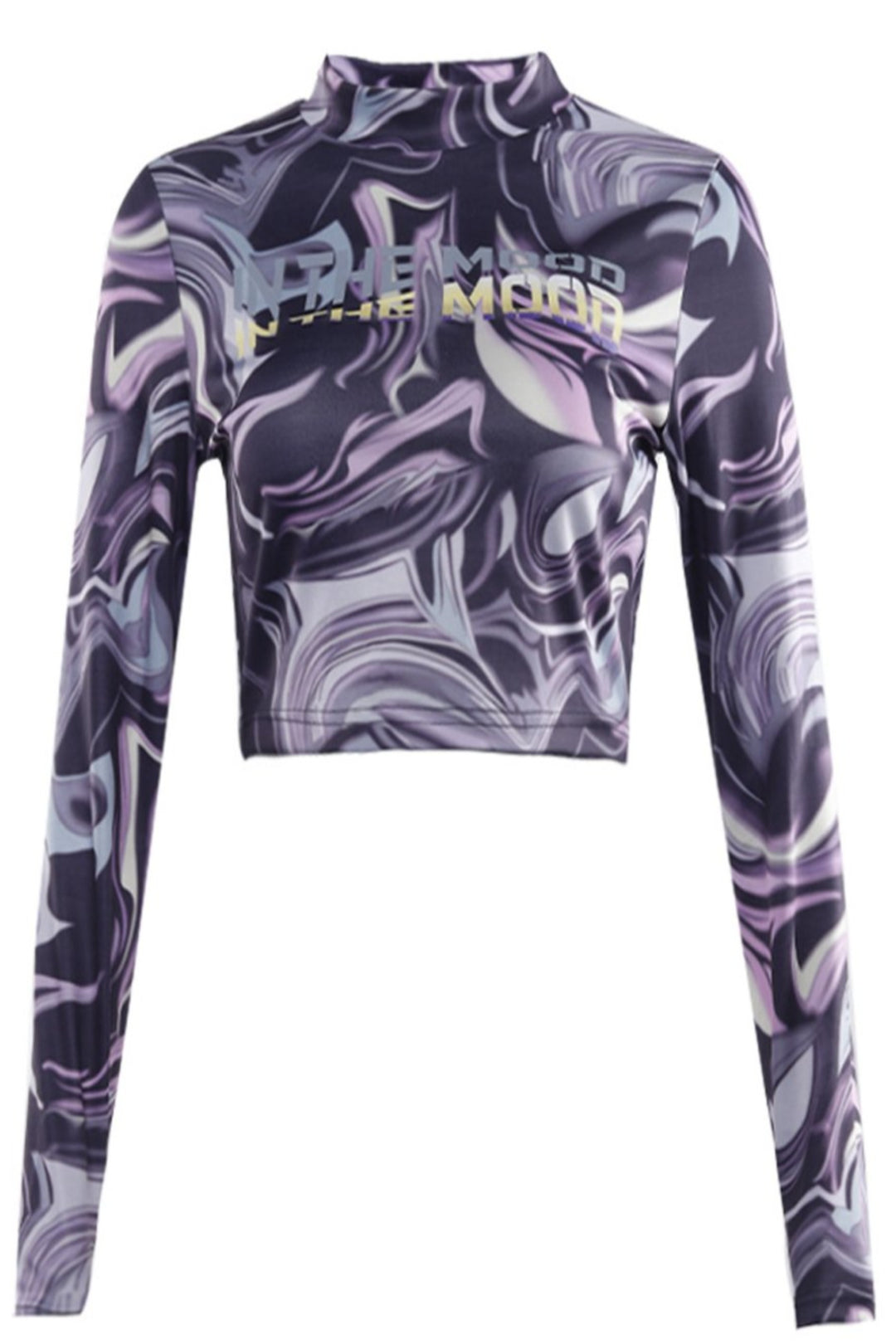 Crop Top, Purple, Blue, White, Black, Grey Psychedelic Print Short Top with Long Sleeves - Hayati London