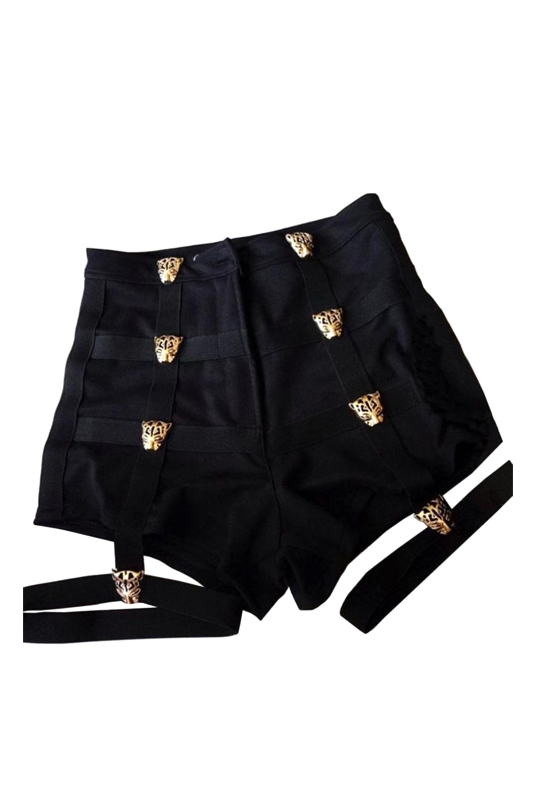 Black Denim Cut Out Gold Embellishment Detailing Shorts, High Waist Shorts