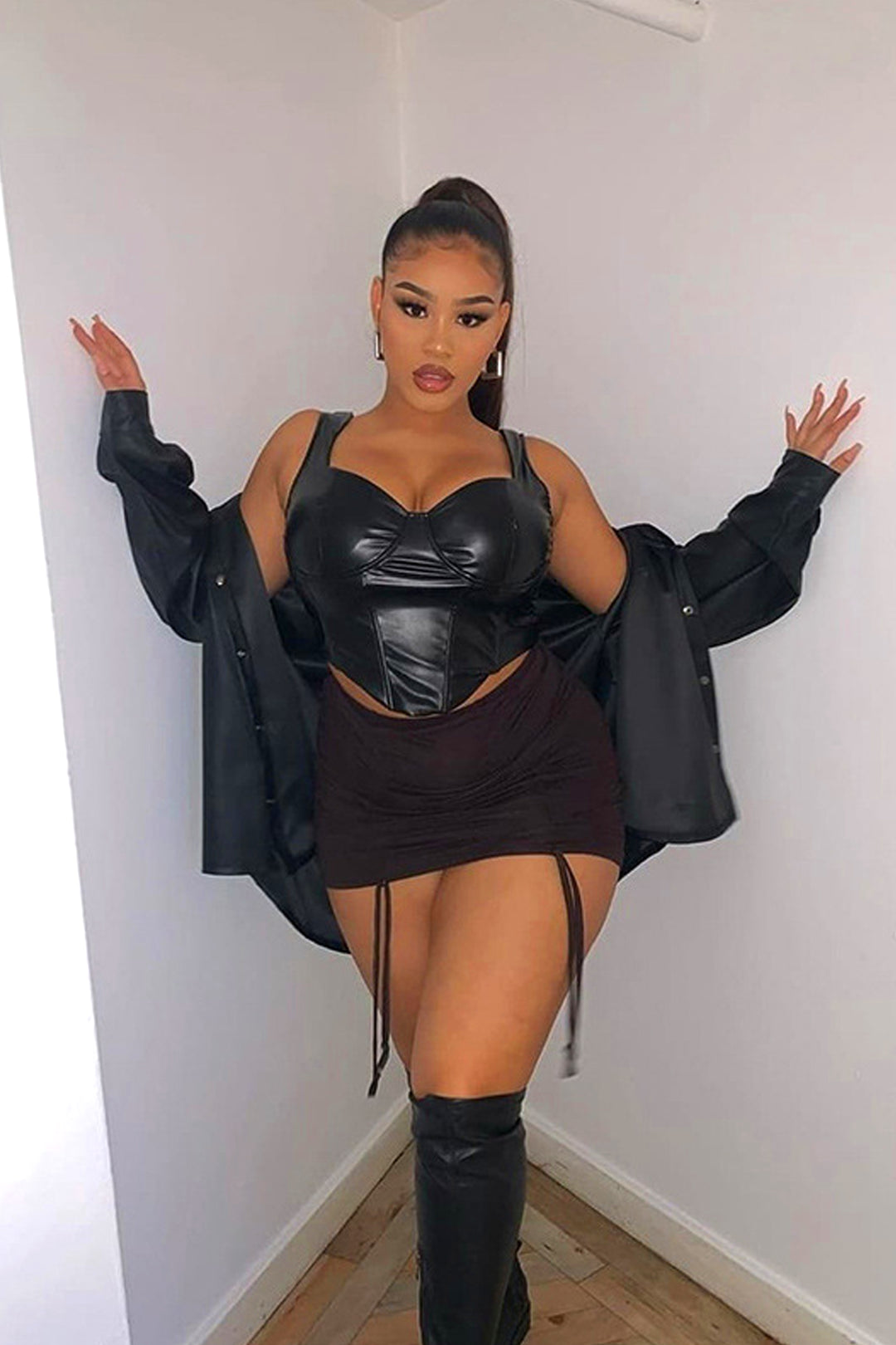 Vegan Leather Boned Push Up Corset Crop Top, PU Corset Top, Available in Chocolate Brown & Black