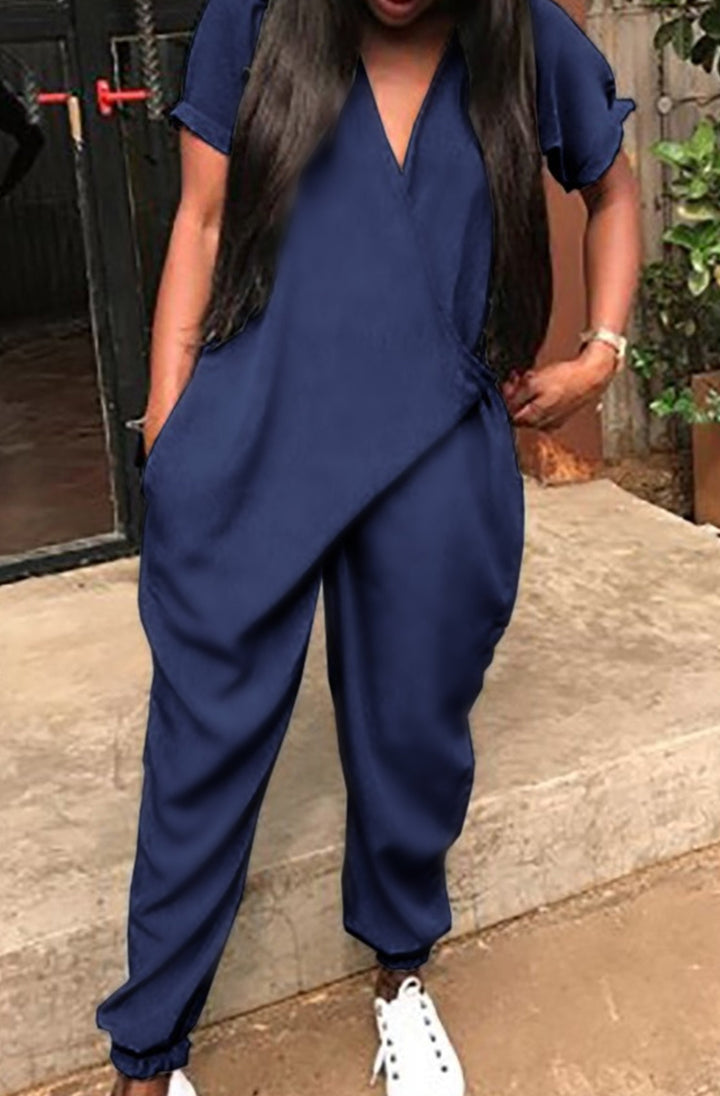 Oversized Navy Blue Short Sleeve Jumpsuit, Deep Plunge Neckline, Plus Size One Piece