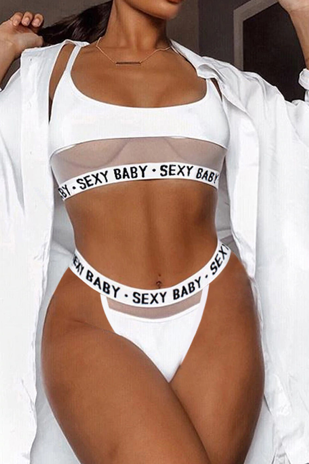 Two Piece Lingerie Set, Push-Up Bra, Thong, Graphic Waistband Lettering 'SEXY BABY', Available in White, Black & Red