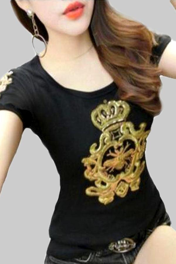 Queen Bee Glitter Gold Sequined Black Tee - Hayati London