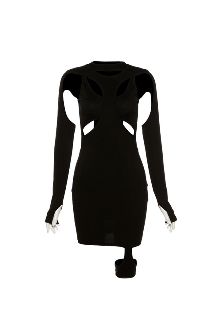 Black Asymmetric Cut Out Bodycon Mini Dress, Long Sleeve Thumb Holes, Layered Dress, Thigh Band Strap Design