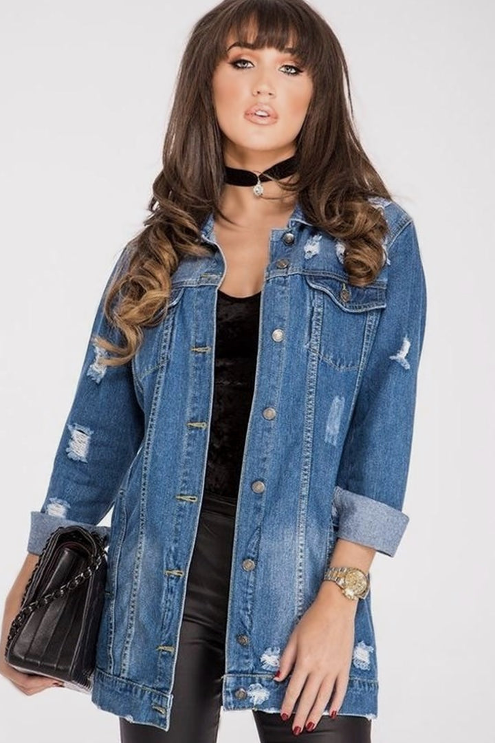 Y2K Oversized Frayed Blue Wash Denim Long Jacket, Front Pocket Design