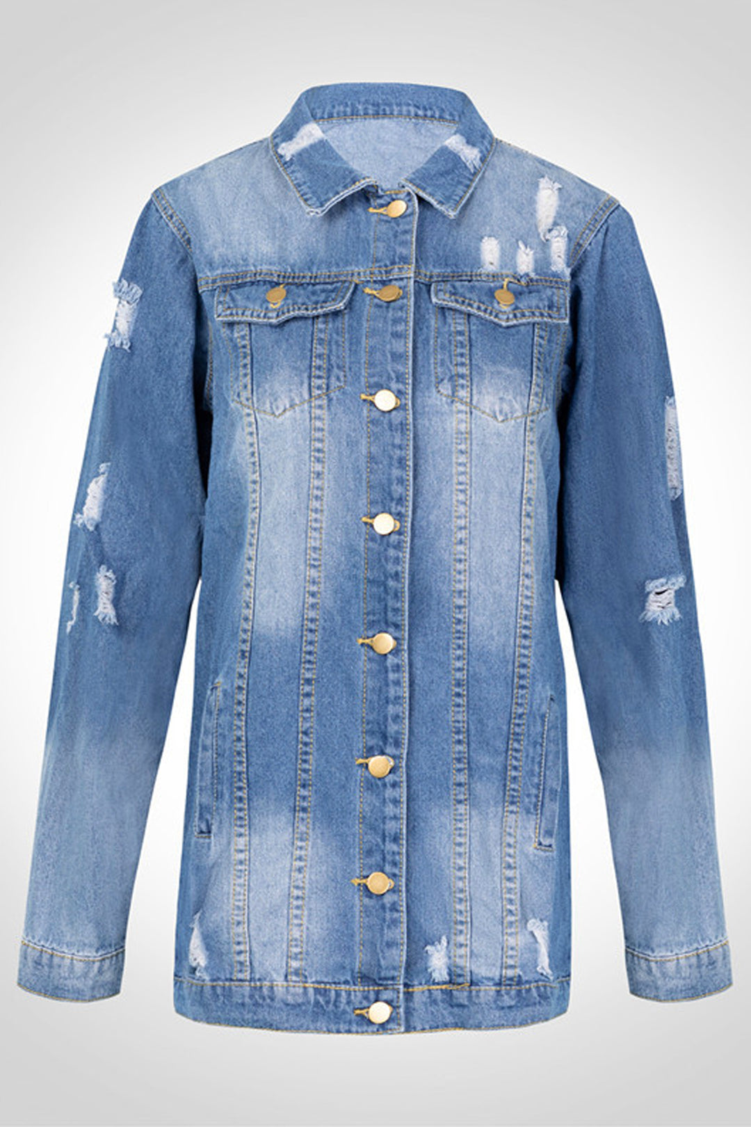 Y2K Oversized Frayed Blue Wash Denim Long Jacket, Front Pocket Design