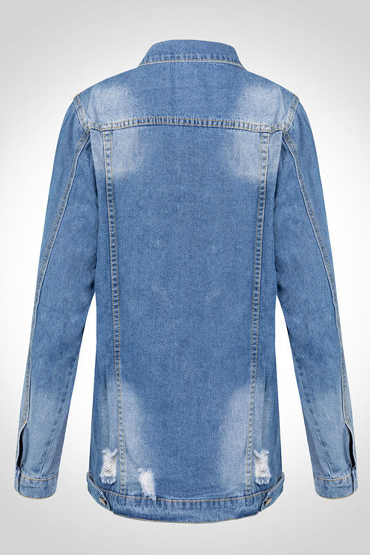 Y2K Oversized Frayed Blue Wash Denim Long Jacket, Front Pocket Design