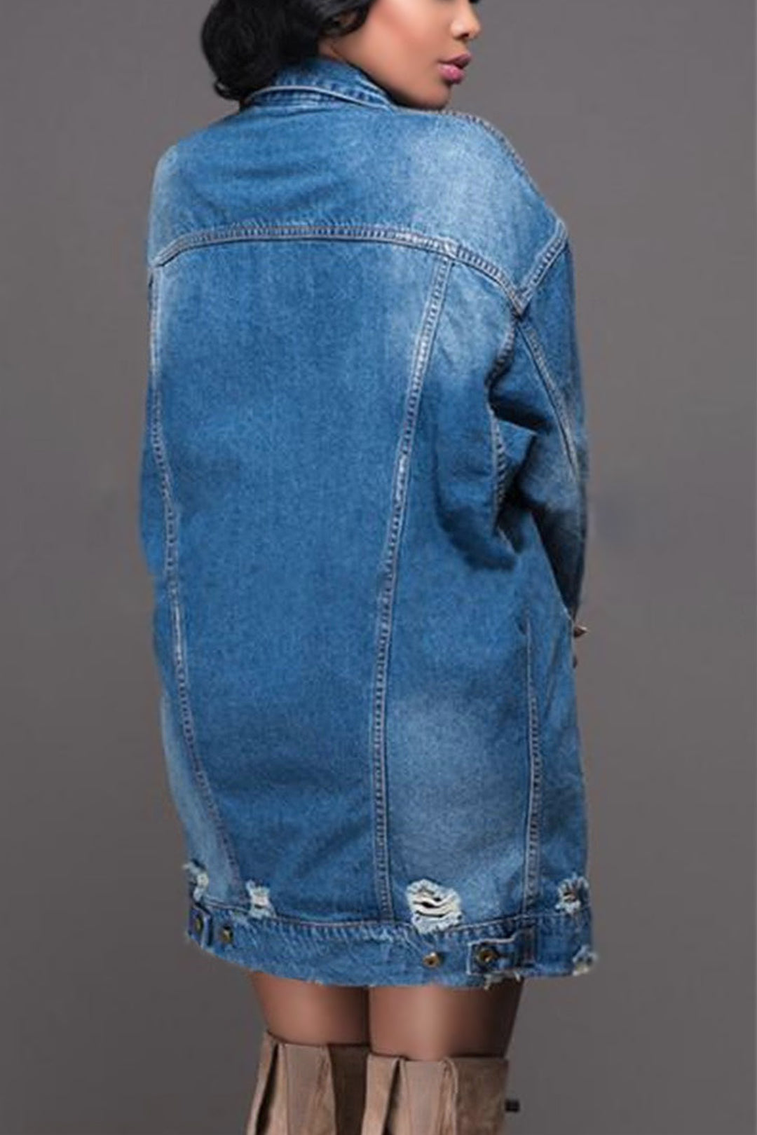 Y2K Oversized Frayed Blue Wash Denim Long Jacket, Front Pocket Design