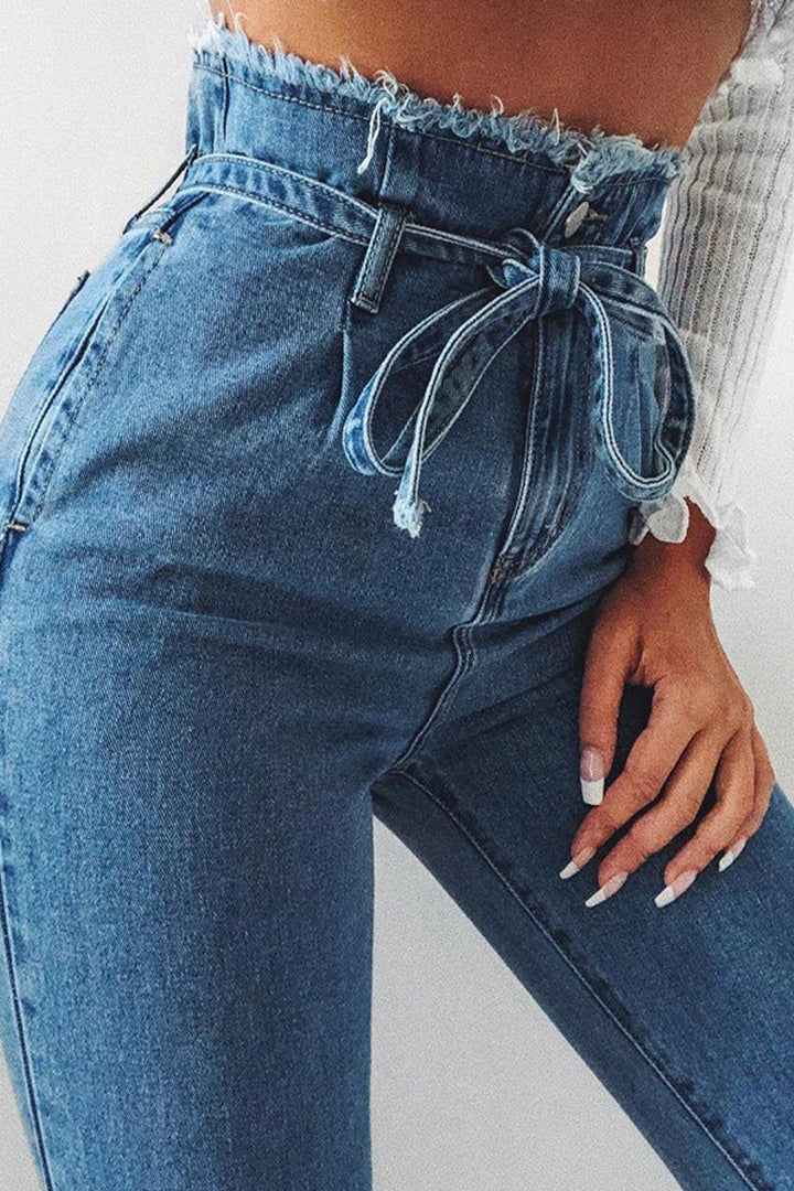 Frayed Hem High Waisted Lace Up, Tie Front Mom Jeans, Blue Wash Jeans