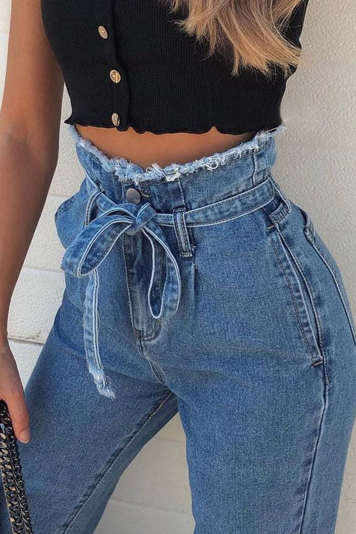 Frayed Hem High Waisted Lace Up, Tie Front Mom Jeans, Blue Wash Jeans