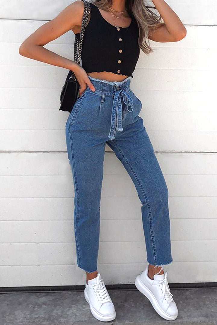 Frayed Hem High Waisted Lace Up, Tie Front Mom Jeans, Blue Wash Jeans