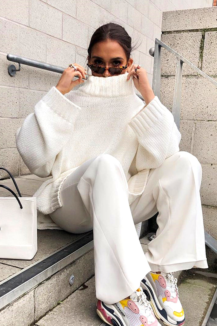 White Oversized Wool Knit Look Turtleneck Jumper, Long Sleeve Baggy Tee