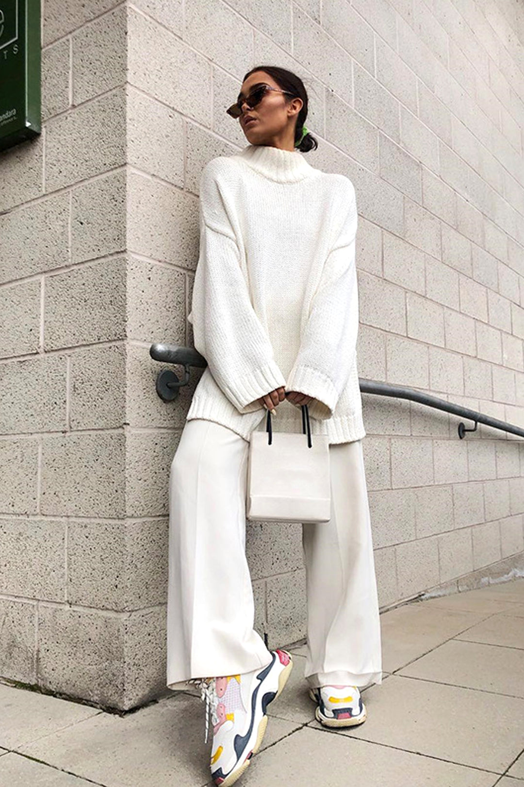 White Oversized Wool Knit Look Turtleneck Jumper, Long Sleeve Baggy Tee