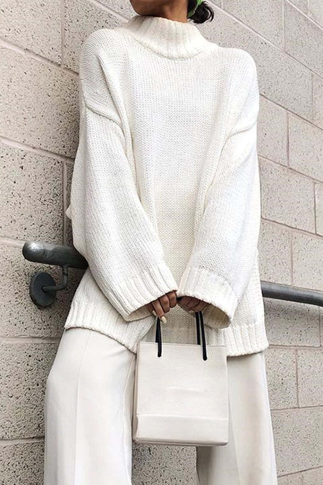 White Oversized Wool Knit Look Turtleneck Jumper, Long Sleeve Baggy Tee