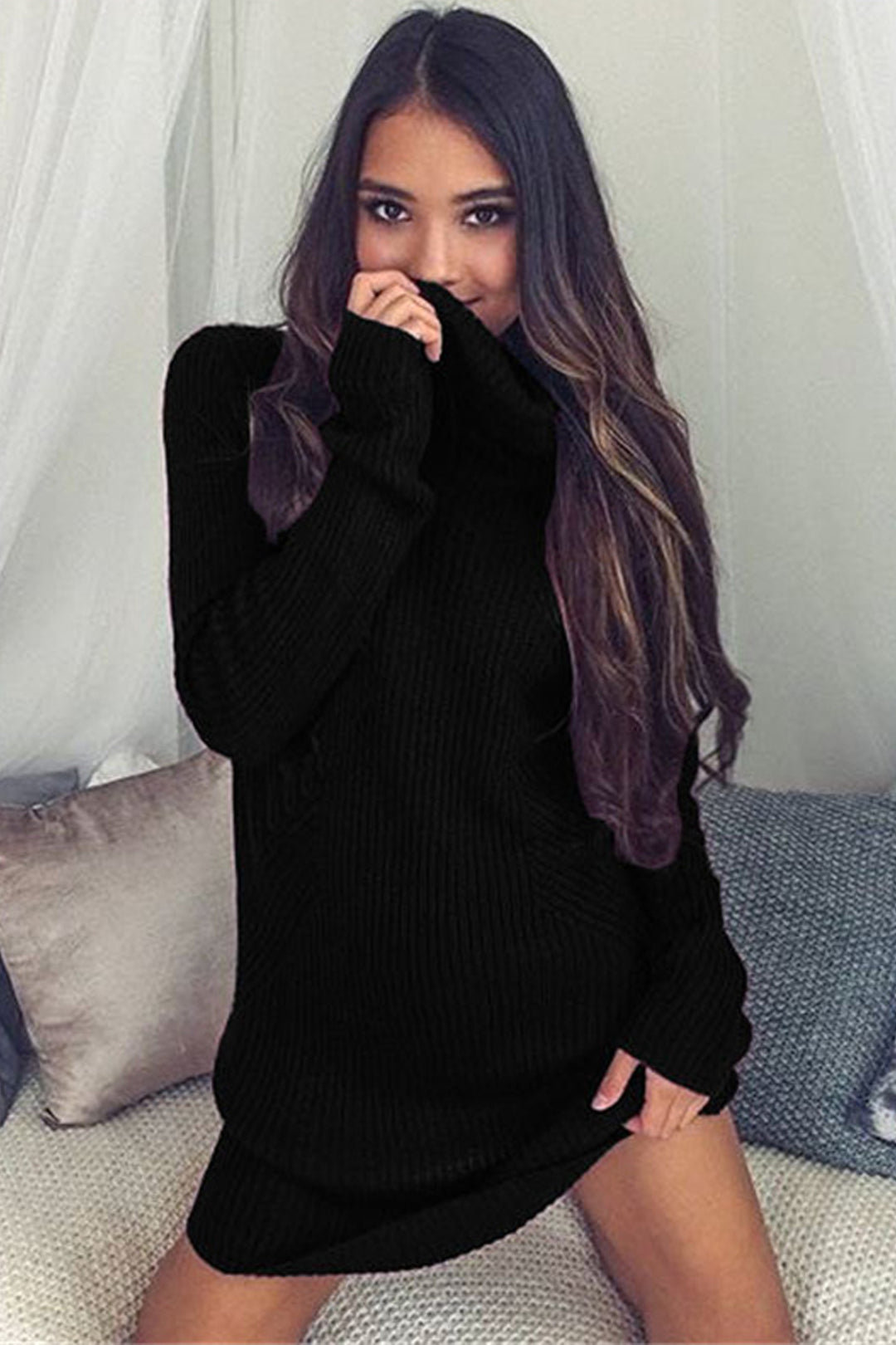 Oversized Jumper Rib Knit Turtleneck Mini Dress, Ribbed Jersey Material