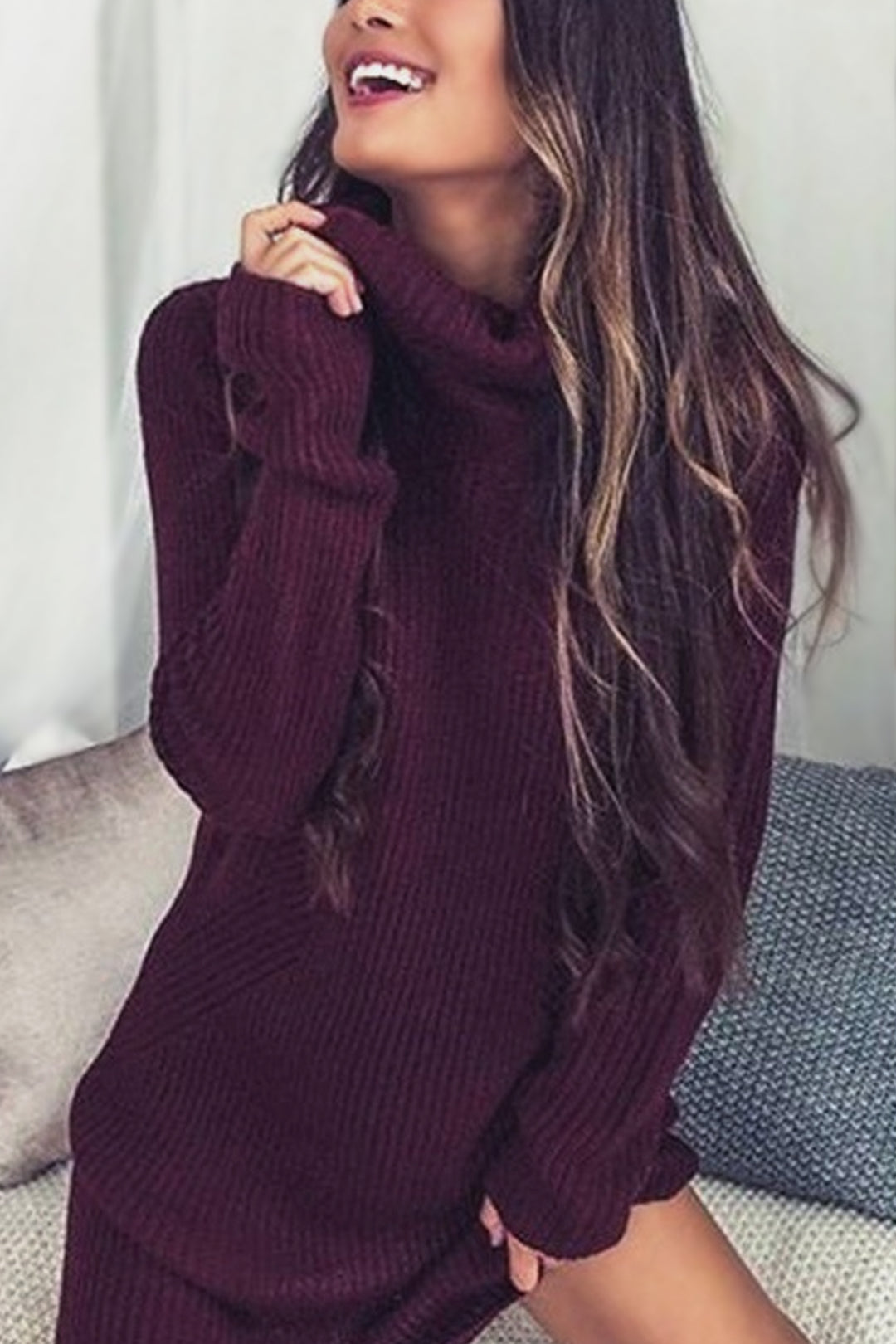 Oversized Jumper Rib Knit Turtleneck Mini Dress, Ribbed Jersey Material