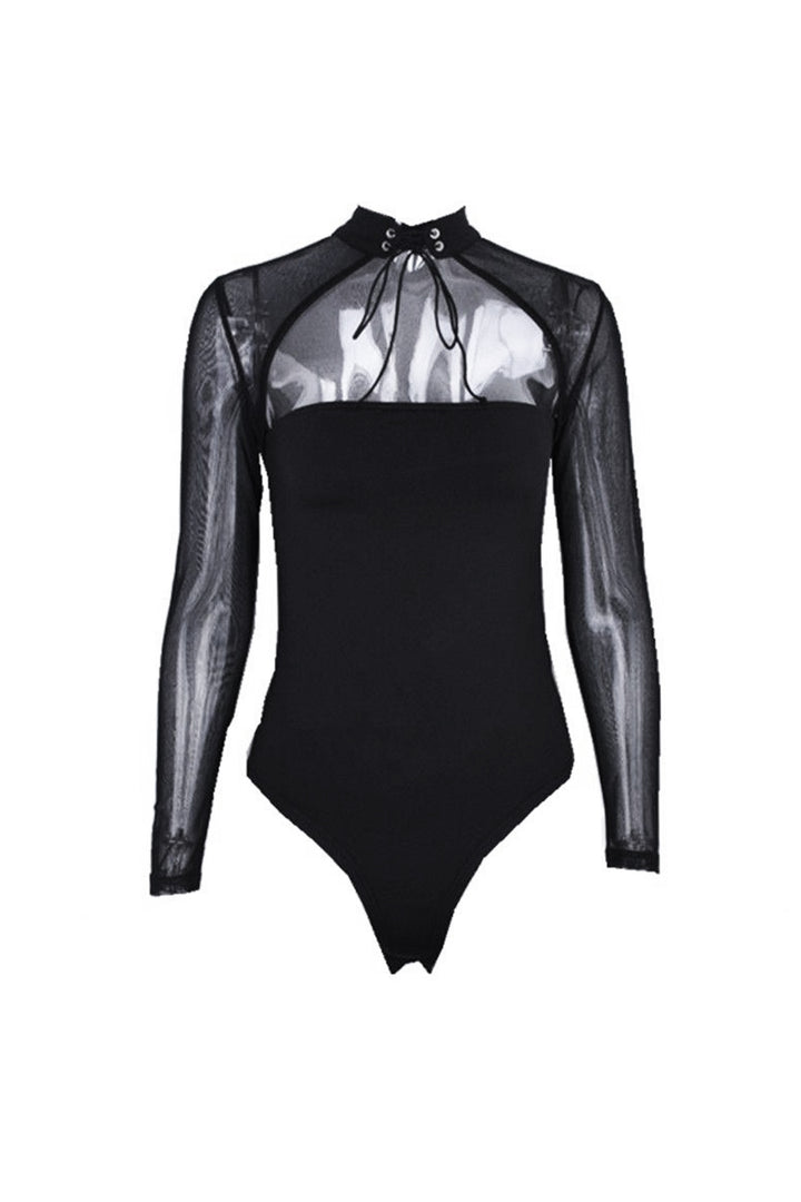 Black Large Keyhole Collar Neck Cut Out Front Bodysuit, Long Sleeve Lace Up Mesh Bodysuit