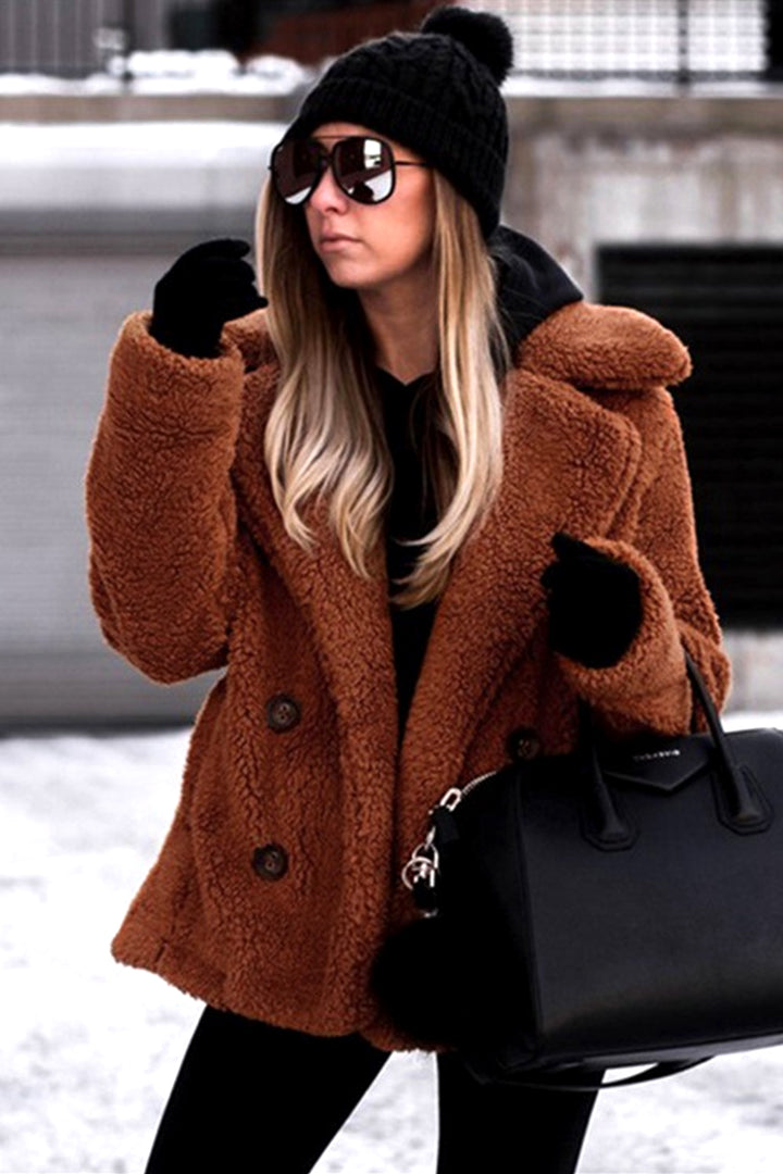 Long Oversized Faux Fur Fuzzy Teddy Bear Coat, Double Breasted Coat