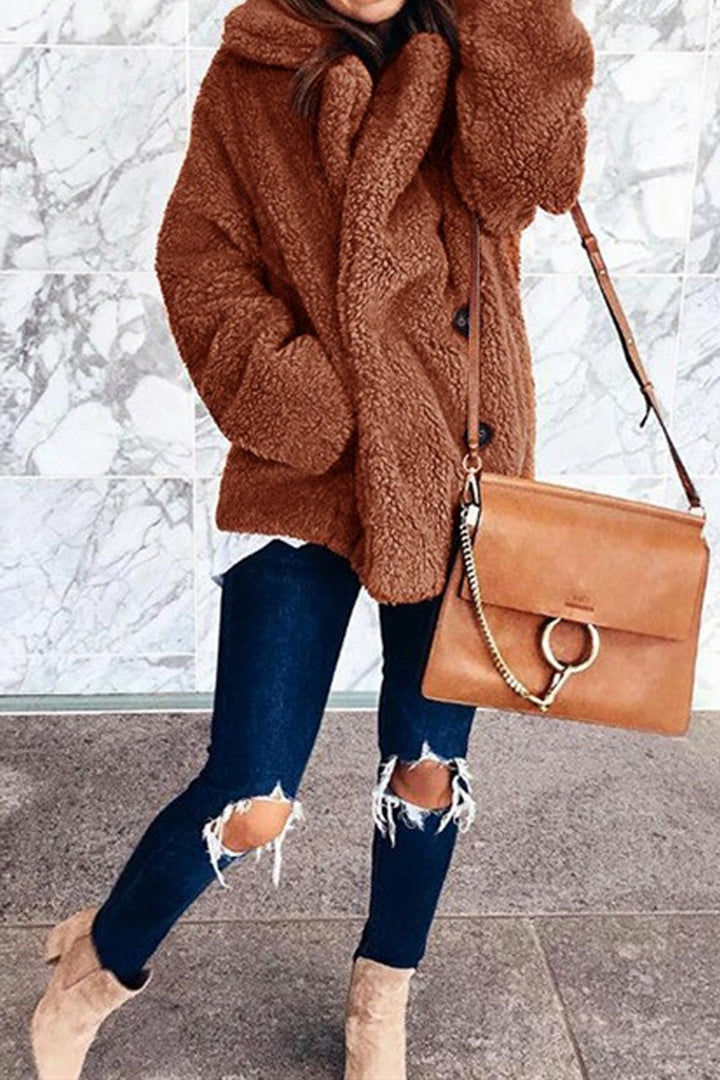 Long Oversized Faux Fur Fuzzy Teddy Bear Coat, Double Breasted Coat